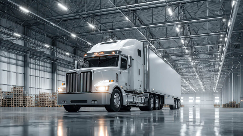 A large white semi truck is parked in a large building